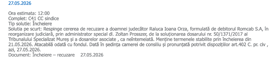 ROMCAB, PRINSĂ ÎNTRE MEINHART ȘI JUDECĂTORUL-SINDIC: O DECIZIE CARE PUNE FABRICA SUB PRESIUNE 2 decizie romcab